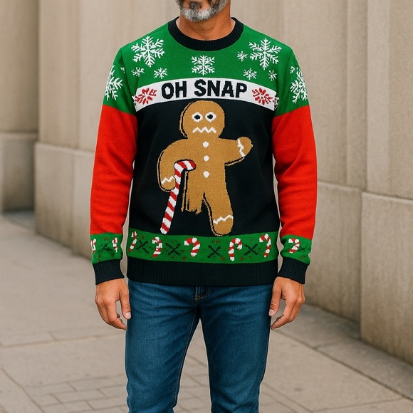 Ugly Christmas Sweater "Oh Snap" Gingerbread Man Design Multi-Color I - Picture 3 of 6